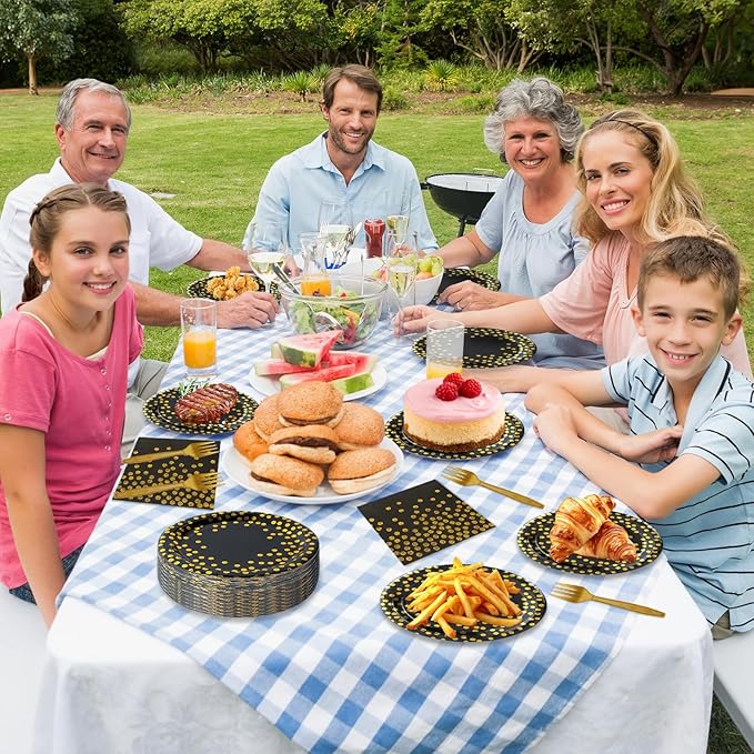 75PCS Black and Gold Paper Plates and Napkins Party Supplies,Serves 25 Guests Black Gold Plates and Napkins,Disposable Paper Tableware Set for Birthday Graduation Retirement Decorations