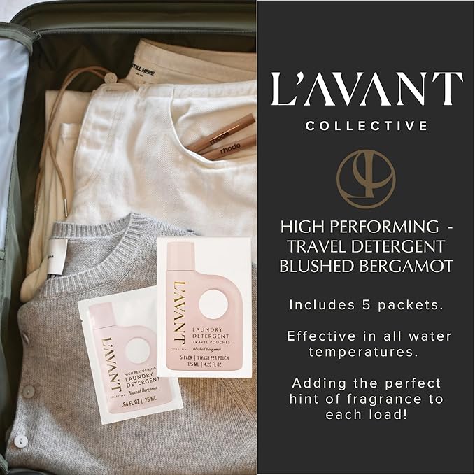 L'AVANT Collective Luxury Travel Laundry Detergent | Blushed Bergamot | Non-Toxic Concentrated Liquid Laundry Soap Packets | Plant-Based, HE Compatible, Travel Size, Gym, Camping & Rentals | Set of 5
