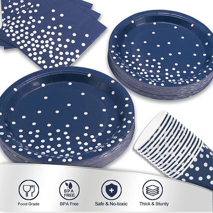 200pcs Blue and Silver Party Deorations Birthday Plates Disposable-Serve 50 Guests,Navy Blue Plates and Napkins Party Supplies for Wedding Anniversary Retirement Graduation Decorations