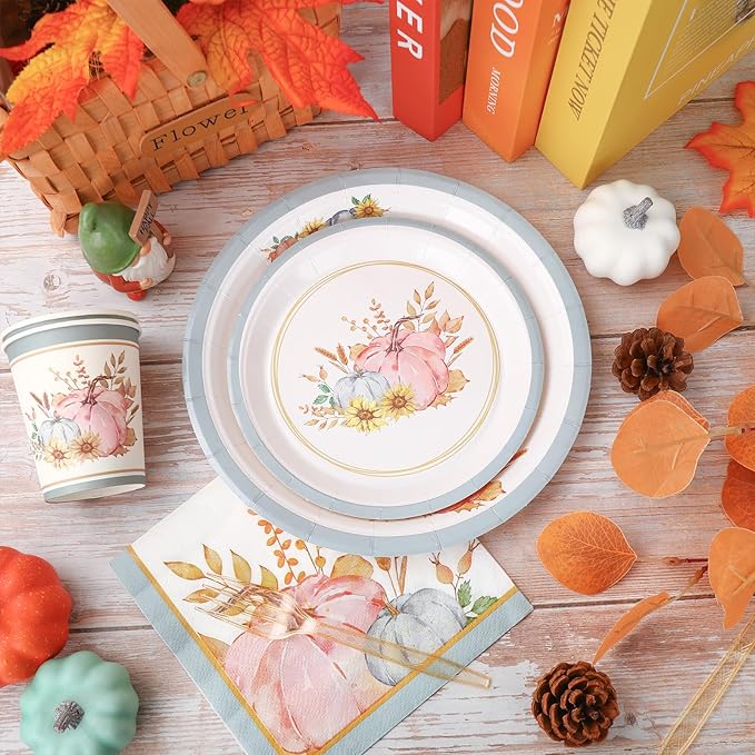 JarThenaAMCS Fall Party Supplies Kit Serves 25 Pink Blue Pumpkin Paper Plates Napkins Cups Plastic Knives Forks Spoons for Autumn Thanksgiving Wedding Birthday Baby Shower, 175Pcs