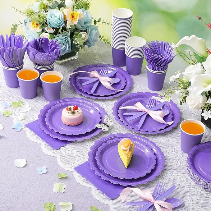 Ziliny 350 Pcs Purple Plates and Napkins, 50 Guest Lavender Party Supplies Include Scalloped Paper Plates Napkins Cups Plastic Spoons Forks Knives Disposable Tableware Set for Baby Shower