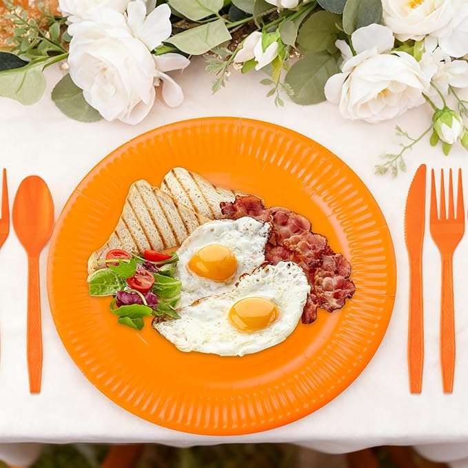 210pcs Orange plates and napkins party supplies - Plastic Silverware Cutlery, Paper Cups and Plates, Napkins Suitable for parties and birthdays Serves 30 (Orange)