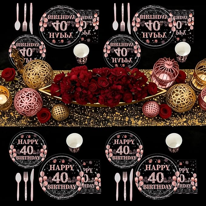 Pickmesh 400 Pcs 40th Birthday Decorations for Women, Includes 40th Birthday Plates, Napkins, Cups, and Cutlery for Party Favors, Cheer to 40 Year for Her, Serves 50 Guests