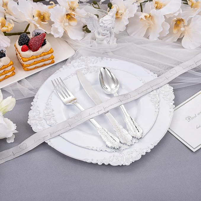 Liacere 150PCS Silver Plastic Plates with Silver Cutlery - Disposable Plastic Plates Include 30Dinner Plate, 30Dessert Plate, 30Knives, 30Spoons, 30Forks - Ideal for Wedding & Party