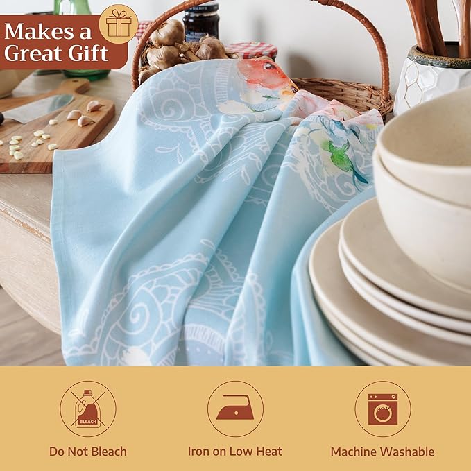 Maison d' Hermine Kitchen Towels Set of 3 100% Cotton 27.50" x 20" Reusable Cloth Tea Dish Towels Absorbent with Hanging Loop for Kitchen Farmhouse Hotel Spring Summer - Ibiza - Blue