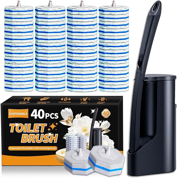 Disposable Toilet Brush - Toilet Bowl Cleaner, Toilet Cleaning Supplies, Toilet Brush with Holder, Toilet Bowl Cleaner Wands，40 Refills for Toilet Cleaning and Hygienic Bathroom Maintenance