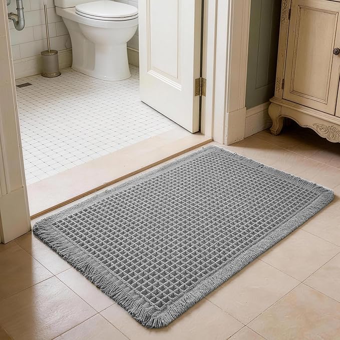 Waffle Bathroom Rugs, Non Slip Absorbent Waffle Knit Bath Mat for Shower Floor, Tub and Bathroom Door, Ultra Soft Quick Dry, Grey, 17"x24"