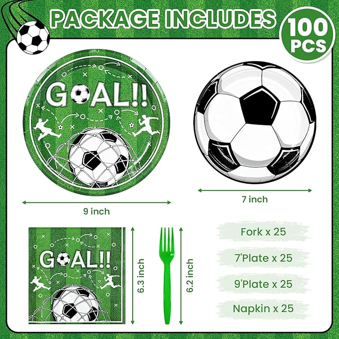 Mulbozy 100 Soccer Party Decorations, Soccer Themed Plates and Napkins Disposable Set Includes 25-9" & 25-7" Dessert Cake Plates, Napkins, Forks for for Birthday Party Supplies