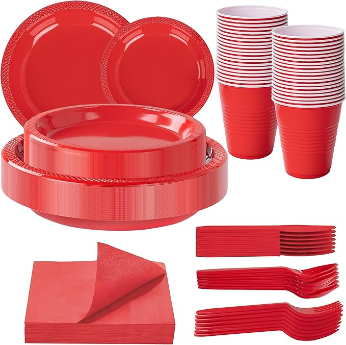 WELLIFE 210 PCS Red Plastic Plates for 30 Guests - Disposable Dinnerware Set Including Dinner Plates, Dessert Plates, 12oz Cups, Cutlery & Napkins, Red Disposable Plates for Valentines