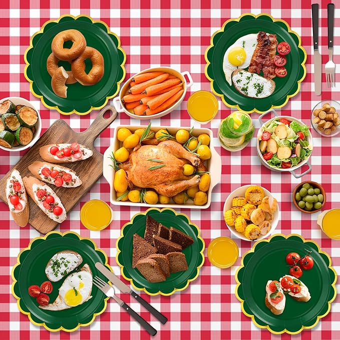 50 Pcs Dark Green Paper Plates, 25 Pcs 9" and 25 Pcs 7" Disposable Christmas Scalloped Plates with Gold Foil for Graduation Wedding Baby Shower Birthday Party Picnic BBQ