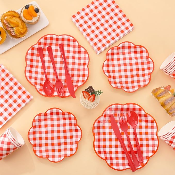 350 Pcs Red Gingham Plates and Napkins Party Supplies - Red and White Checkered Plates Sets Serve 50 Guests - Scalloped Gingham Paper Plate for Birthday Picnic Wedding Party Decorations