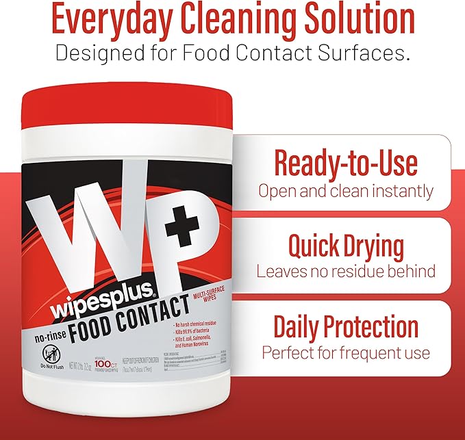 WIPESPLUS Cleaning Wipes All Purpose Food Contact - No Rinse, No Residue, Quick Dry Formula, Disinfecting Wipes For Restaurants, Foodservice, Schools - Canister, 100 Count