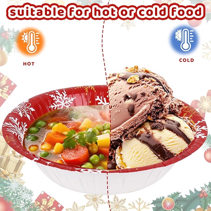 FYSUIMU 100 Pcs Winter Paper Bowls Christmas Red White Snowflake Party Snack Bowl Disposable Serving Bowls for Xmas Party Household Supplies Decor, 12 Oz