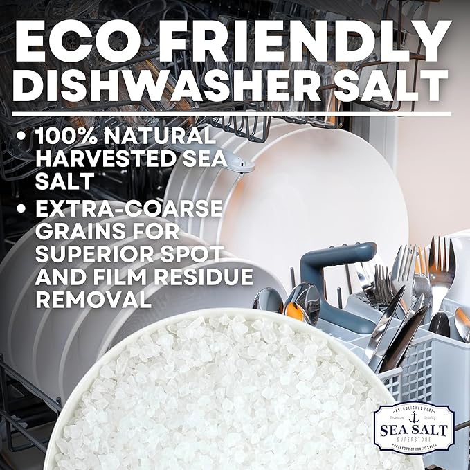 Dishwasher Salt, Natural Water Softener, Food Grade Coarse Sea Salt Compatible with Miele, Thermador, Whirlpool, & Bosch Dishwasher 5 lb Bag