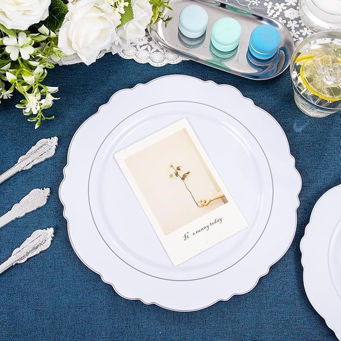Liacere 350PCS Silver Plastic Plates-Disposable White and Silver Plates 50guest Baroque Plastic Dinnerware Set include 100Plates, 50Pack Pre Rolled Napkins with Silverware 50Cups Perfect for Wedding