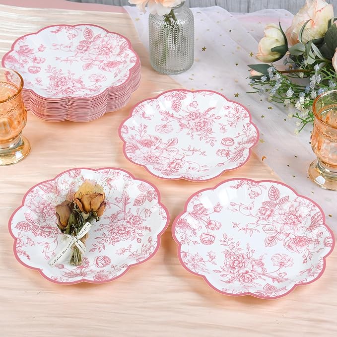 48 Pcs Pink Floral Party Plates Vintage Floral Leaf Disposable Paper Plates Wildflower Pink Toile 7" Samll Scalloped Rim Dessert Plates for Spring Summer Birthday Bridal Tea Party Supplies