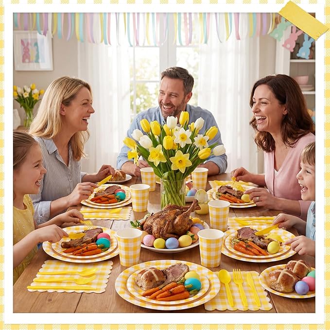 NatNarr 175 Pcs Gingham Party Supplies Include Yellow Gingham Plates and Napkins Cups Plastic Cutlery Disposable Yellow Checkered Plates Set for Golf Master Party, Picnic, Baby Shower