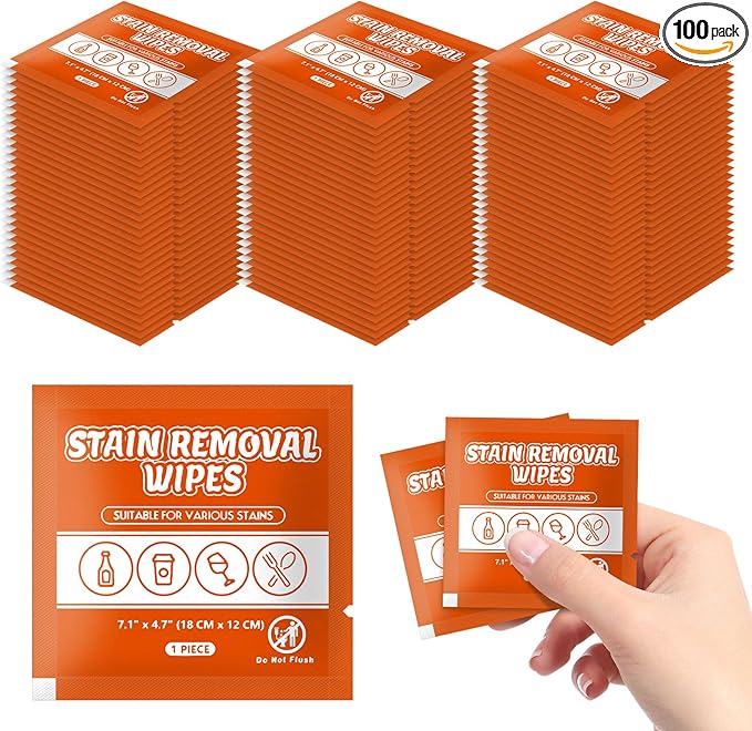 Stain Remover Wet Wipes Bulk, Individual Wrapped Clothes Portable Travel Messy Eater Cleaning Laundry Stain Removal Wipes Pocket Size for Clothing Fabric/Shoes/Wine/Fast Food 7.1 x 4.7 Inch(Orange100)