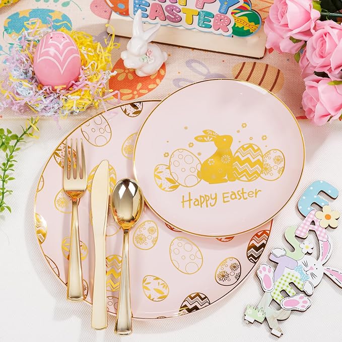 Liacere 150Pcs Easter Plates with Gold Bunny - Pink Plastic Dinnerware Includes 30 Egg and Rabbit 30 Dessert Plates, 30 Forks, 30 Spoons,30 Knives for Easter Party
