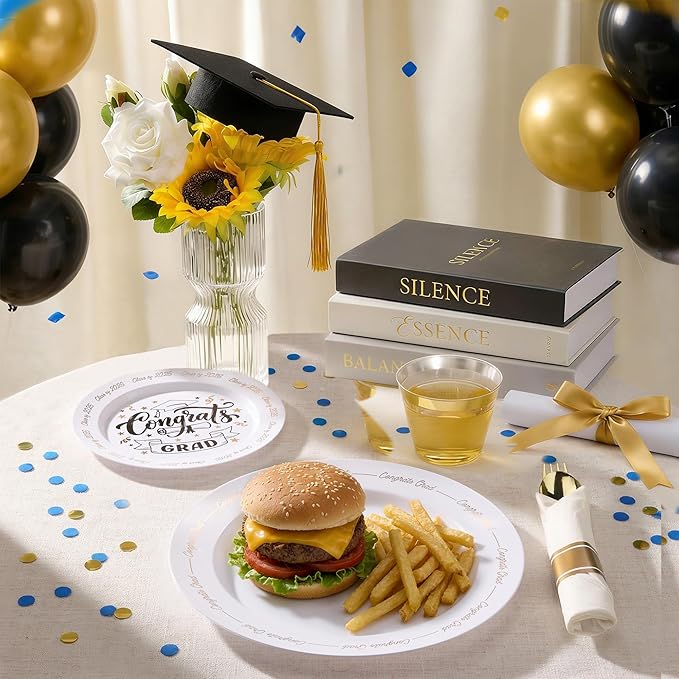 Goodluck 350 Piece Graduation Gold Plastic Dinnerware Set for 50 Guests, Congrats Grad Disposable Plates Include: 50 Dinner Plates, 50 Dessert Plates, 50 Cups, 50 Pre Rolled Napkins with Silverware