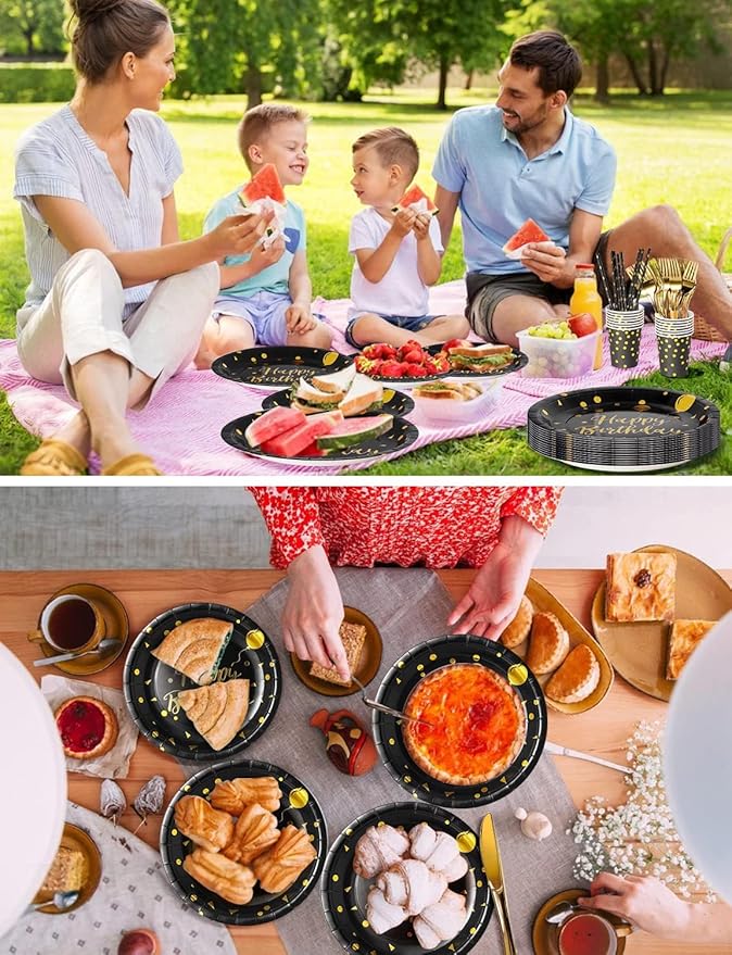 Nkaiso Birthday Party Tableware, 161 Pieces Black Gold Party Supplies, Party Dinnerware Sets Include Paper Plates Napkins Cups Silverware, for Shower Engagement Parties Decoration -20 Serves