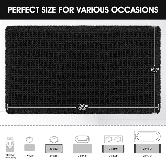 ACCUMTEK Upgraded Waffle Bath Mat, 32"x20" Black, Super Absorbent Non-Slip Quick Dry Bathroom Rugs with Tassels, Machine Washable Ultra Soft Boho Bath Rugs for Floor, Toilet Mats Boho Farmhouse Decor