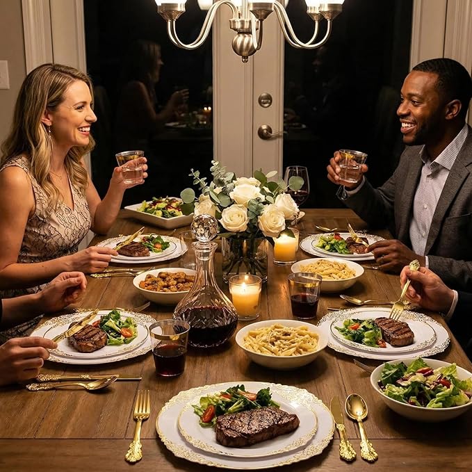 Gold Plastic Dinnerware Sets for 25 Guests - Gold Plastic Plates - 50 Disposable Plates, 75 Silverware, 25 Cups, 25 Napkins for Wedding & Party