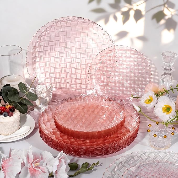 Festiva 60PCS Clear Pink Plastic Plates - Heavy Duty Weave Pattern Fancy Disposable Plates -serve for 30 guests Include 30PCS 10" & 30PCS 7" Plates for Birthday & Easter Party(Pink)