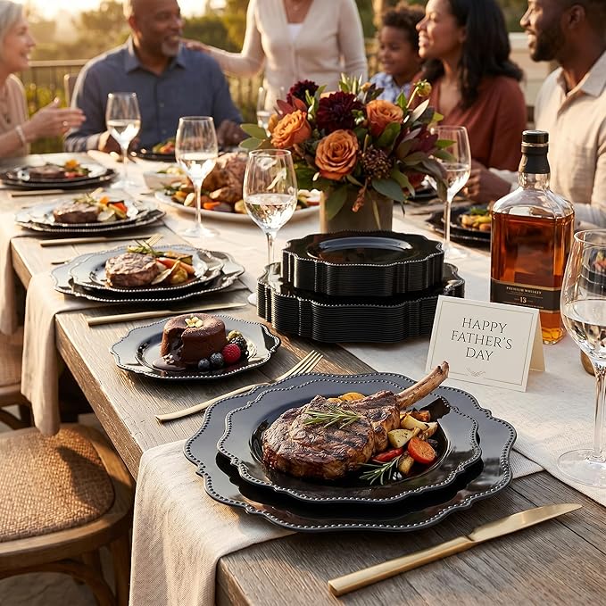 COLOSUS 60pcs Black Plastic Plates Set,Heavy Duty Black Disposable Plate for Party,Include 30PCS 10.5inch Dinner Plates and 30PCS 8.25 inch Dessert Plates for Father's Day/Wedding/Birthday