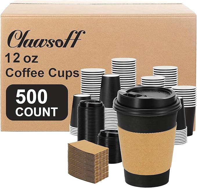 Clawsoff 500 Pack 12 oz Disposable Paper Coffee Cups with Lids and Sleeves, Leak-free Disposable Insulated Paper Cups for To Go Hot or Cold Beverages(Black)