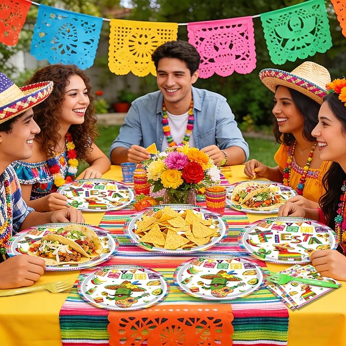 96 Pieces Mexican Fiesta Plates and Napkins, Cinco de Mayo Disposable Tableware with Paper Plates, Napkins, Plastic Forks for Mexican Themed Party, Taco Tuesday, Fiesta Party Supplies, Serves 24
