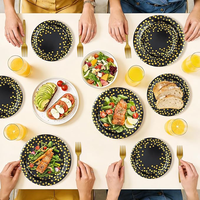 150 Pcs Black and Gold Paper Plates Party Supplies,Serves 50 Guests 7" 9" Black Gold Plates and Gold Plastic Forks,Disposable Paper Tableware Set for Graduation Retirement Decorations