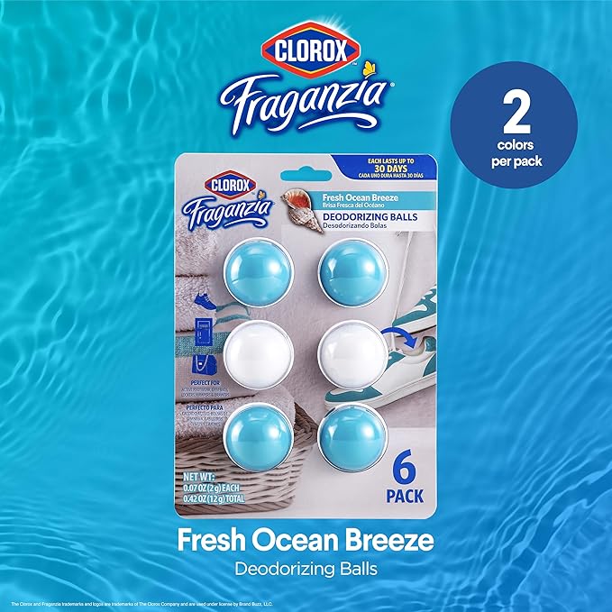 Clorox Fraganzia Deodorizing Balls for Shoes and Small Spaces, Twist-to-Activate No-Plug Odor Refresher Pods for Gym Bags, Lockers, Drawers, and Hampers, Ocean Breeze, 6 Count - 12 Pack