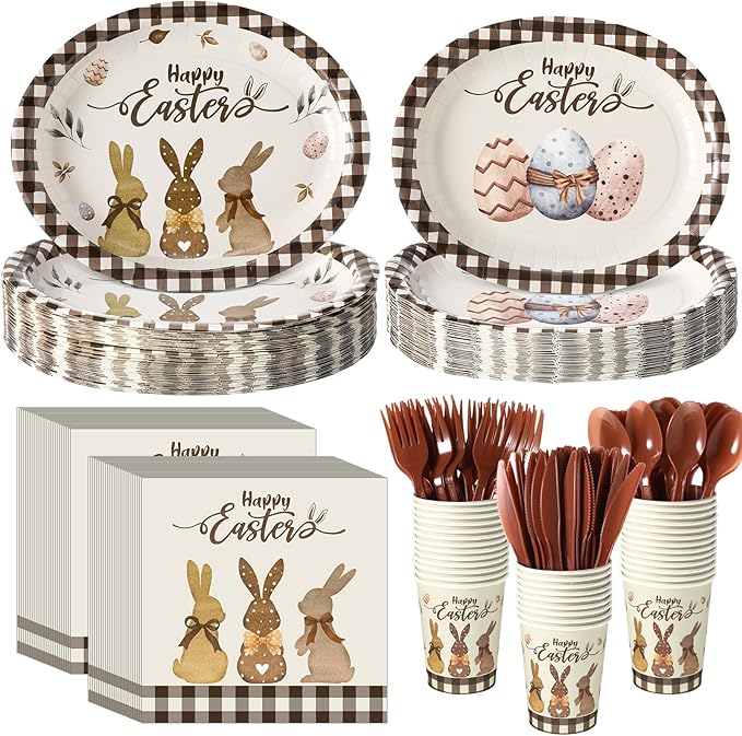 Havawish 350 Pcs Easter Bunny Party Supplies Happy Easter Disposable Tableware Set Rustic Buffalo Plaids Eggs Bunny Oval Paper Plates Cups Napkins Fork Knife Spoon for Spring Party Dinner Table Decor