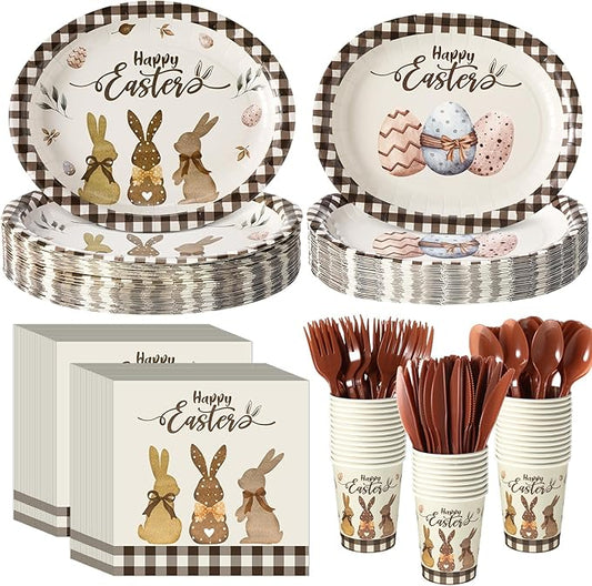 Havawish 350 Pcs Easter Bunny Party Supplies Happy Easter Disposable Tableware Set Rustic Buffalo Plaids Eggs Bunny Oval Paper Plates Cups Napkins Fork Knife Spoon for Spring Party Dinner Table Decor