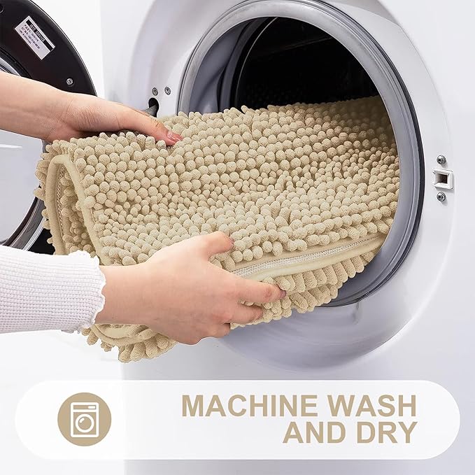Grandaily Chenille Striped Bathroom Rugs 40x32, Extra Thick and Absorbent Bath Mats, Non-Slip Soft Plush Shaggy Shower Carpet, Machine Wash Dry, Bath Rug for Bathroom, Beige