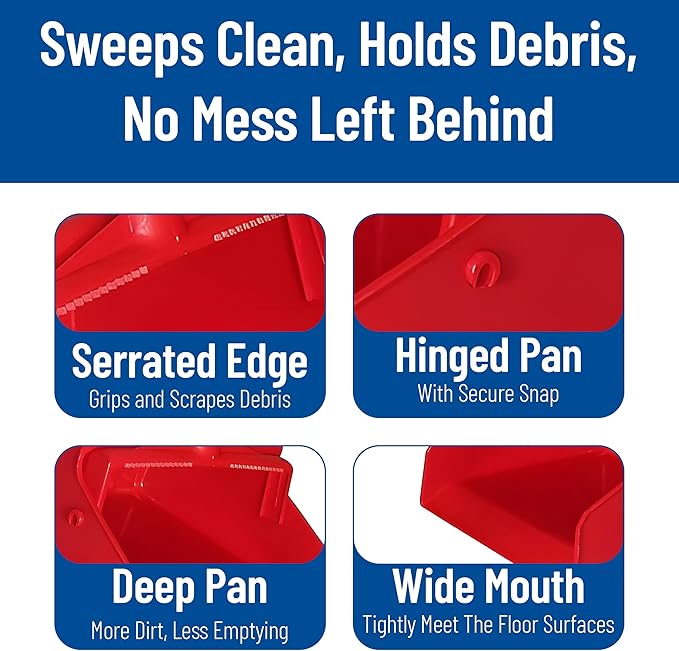 SPARTA Upright Dustpan with Aluminum Handle, Serrated Edge for Broom Combing, Secure Yoke Lock with Easy Storage Hanging Hole for Commercial Cleaning, Plastic, 30 Inches, Red
