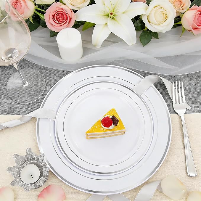 FLOWERCAT 60PCS Silver Plastic Plates - Heavy Duty White and Silver Plastic Plates Disposable - Include 30PCS 10.25inch Dinner Plates and 30PCS 7.5inch Dessert Plates for Wedding&Birthday Party