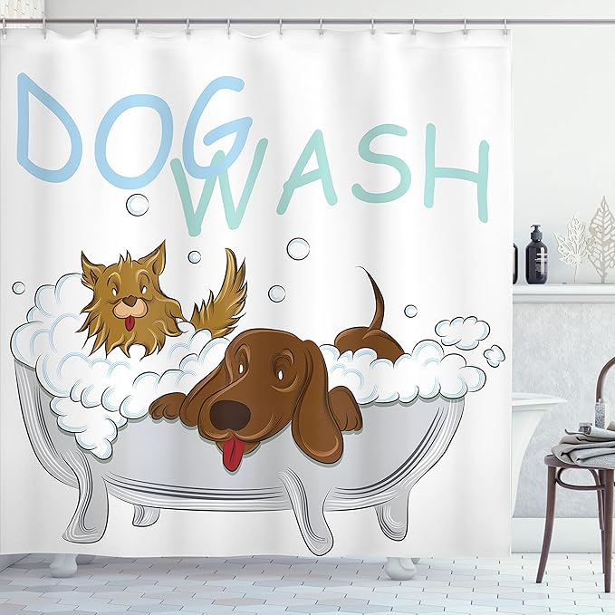 Ambesonne Cartoon Shower Curtain, Playful Dogs in a Bathtub Grooming Each Other Pets Theme Illustration, Cloth Fabric Bathroom Decor Set with Hooks, 69" W x 70" L, Brown White