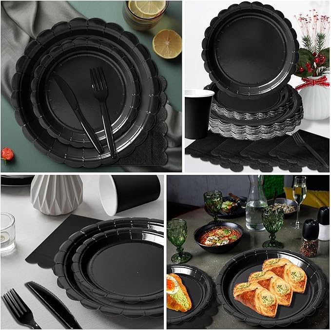 Vyntra 175 Pcs Black Disposable Paper Plates and Napkins Set for 25, 9" Dinner Plates & 7" Dessert Plates, Tableware for Birthday, Graduation, Wedding, Party