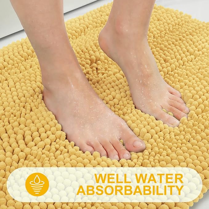 Grandaily Chenille Striped Bathroom Rugs 47x24, Extra Thick and Absorbent Bath Mats, Non-Slip Soft Plush Shaggy Shower Carpet, Machine Wash Dry, Bath Rug for Bathroom, Yellow