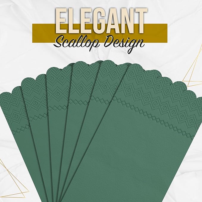 Party Solids Dark Green Scalloped Napkins Disposable 20 Pcs 3-Ply Dark Green Scalloped Dinner Napkins Disposable Decorative for Dinners & Parties, Paper Guest Towels for Bathroom & Party Supplies