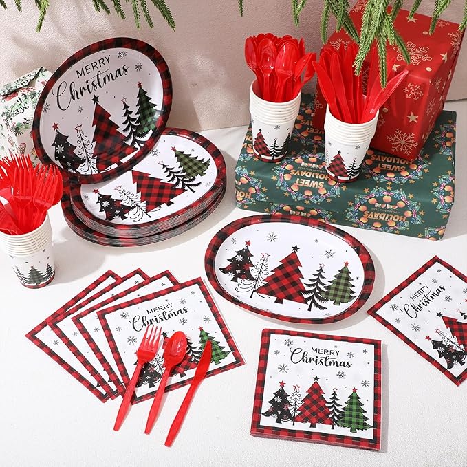 Havawish 175 Pcs Christmas Party Supplies Christmas Tree Disposable Tableware Set Red Black Buffalo Plaids Oval Paper Plates Cups Napkins Fork Knife Spoon for Xmas Holiday Party Table Decorations