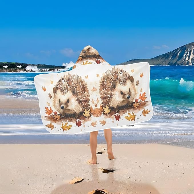 Hooded Towel for Kids Hedgehog and Maple Leaves Beach Wrap Bath Towels 50x23.5in