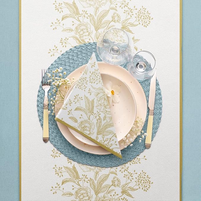 PAW - 50 Pieces Floral Linen-Feel Paper Napkins 16" x 16", Disposable Cloth-Like Napkins with Rose Design, Dinner Napkins for Party, Wedding, Barbecue, Picnic