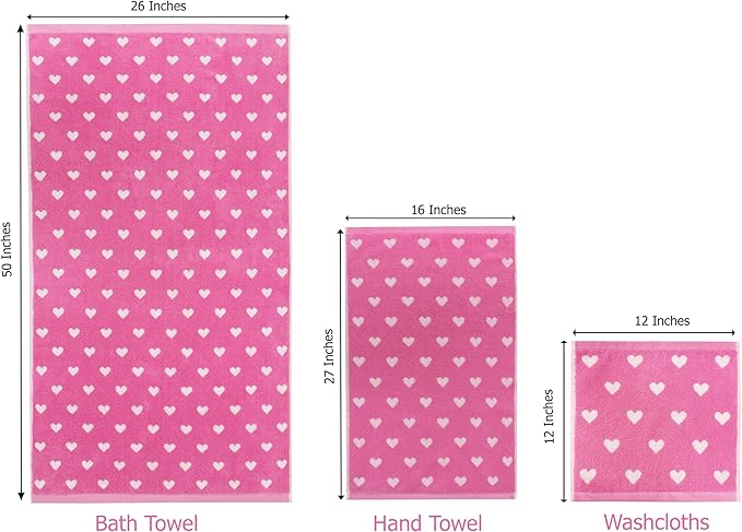 ORIGINAL KIDS 6 Piece Towel Set - Bath Time Hearts - 2 Bath Towels, 2 Hand Towels, 2 Washcloths - 100% Cotton Jacquard Colorful Soft Absorbent Pool Beach Kids Towel Gift - Pink White