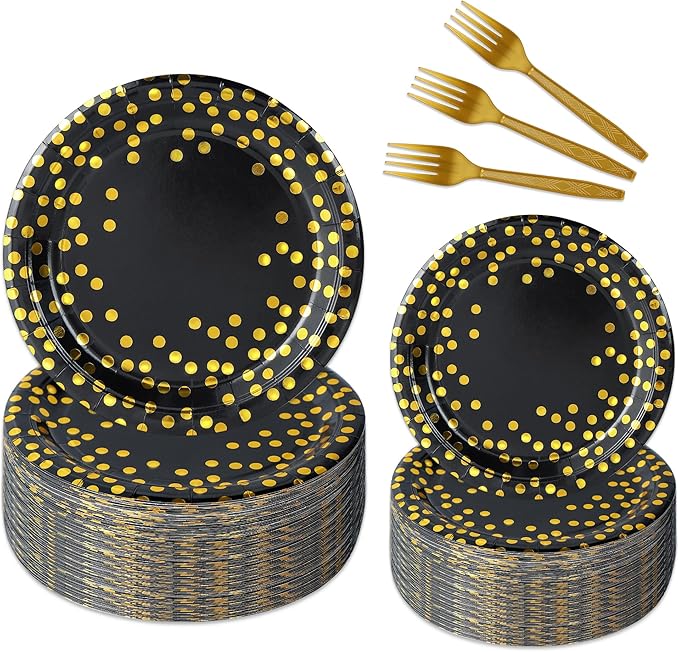 150 Pcs Black and Gold Paper Plates Party Supplies,Serves 50 Guests 7" 9" Black Gold Plates and Gold Plastic Forks,Disposable Paper Tableware Set for Graduation Retirement Decorations