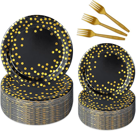 150 Pcs Black and Gold Paper Plates Party Supplies,Serves 50 Guests 7" 9" Black Gold Plates and Gold Plastic Forks,Disposable Paper Tableware Set for Graduation Retirement Decorations