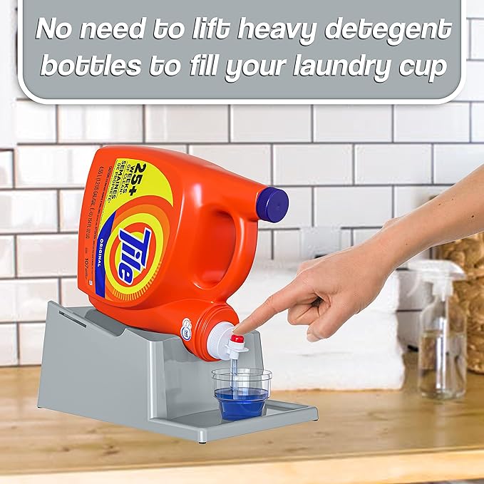 Skywin TidyFriend No-Spill Liquid Laundry Detergent Dispenser Holder, Laundry Soap Dispenser Holder with Drip Tray for Laundry Room Organization (No Strap, Grey)