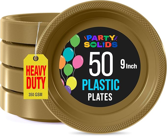 Exquisite Party Solids Gold Plastic Plates For Party Supplies 9" Gold Disposable Plates Heavy Duty 50 Pcs Plastic Dinnerware Sets Heavy Duty 350 GSM Disposable Dinnerware Set